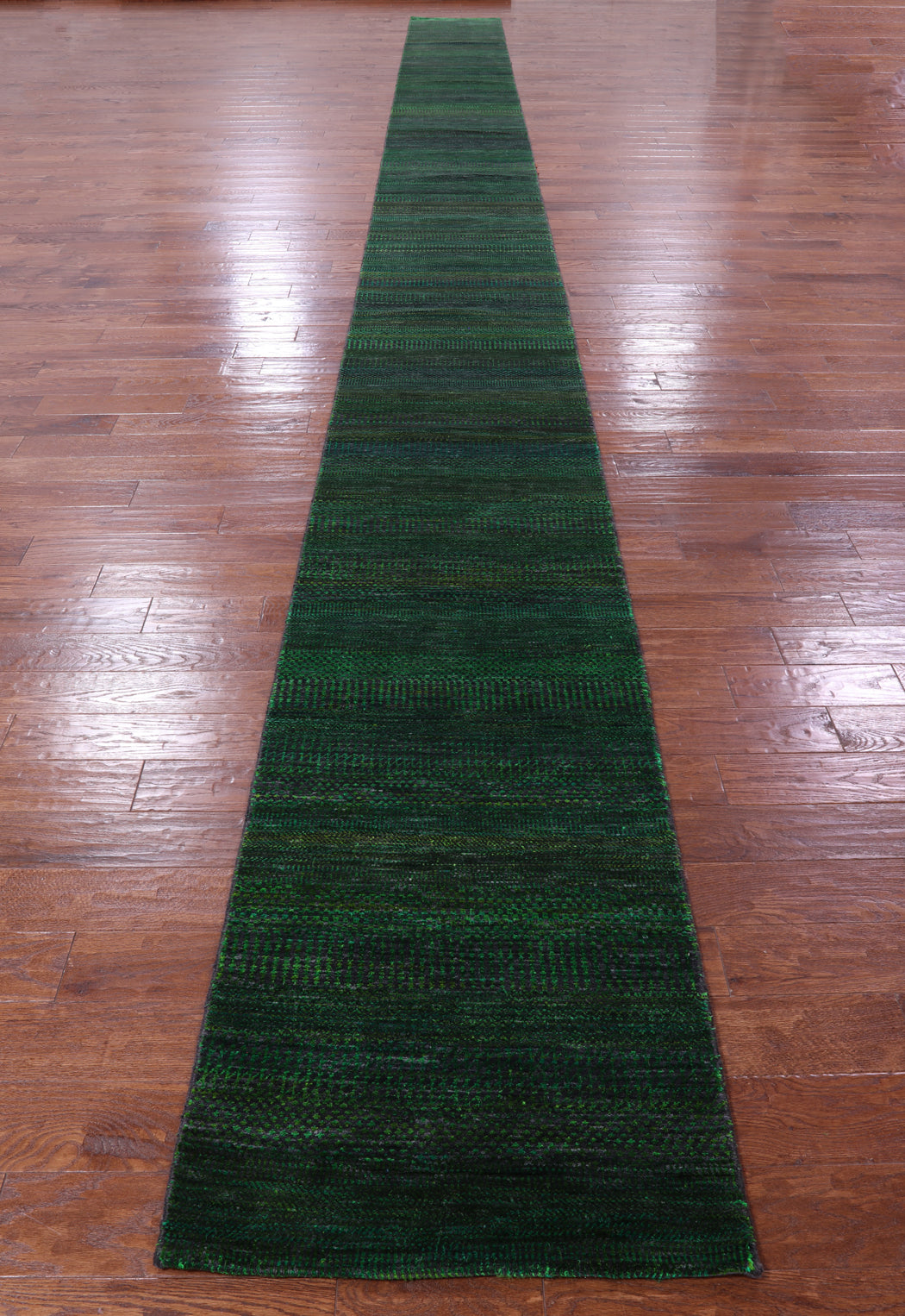 Green Savannah Grass Hand Knotted Wool & Silk Runner Rug - 2' 5" X 31' 2" - Golden Nile