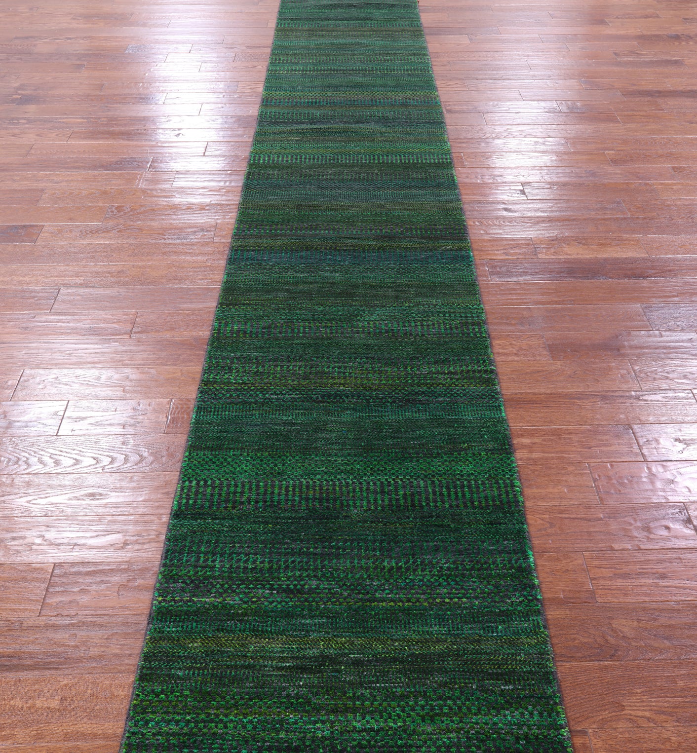 Green Savannah Grass Hand Knotted Wool & Silk Runner Rug - 2' 5" X 31' 2" - Golden Nile