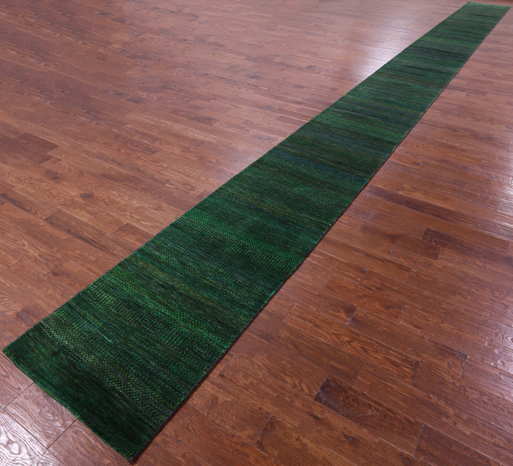 Green Savannah Grass Hand Knotted Wool & Silk Runner Rug - 2' 5" X 31' 2" - Golden Nile