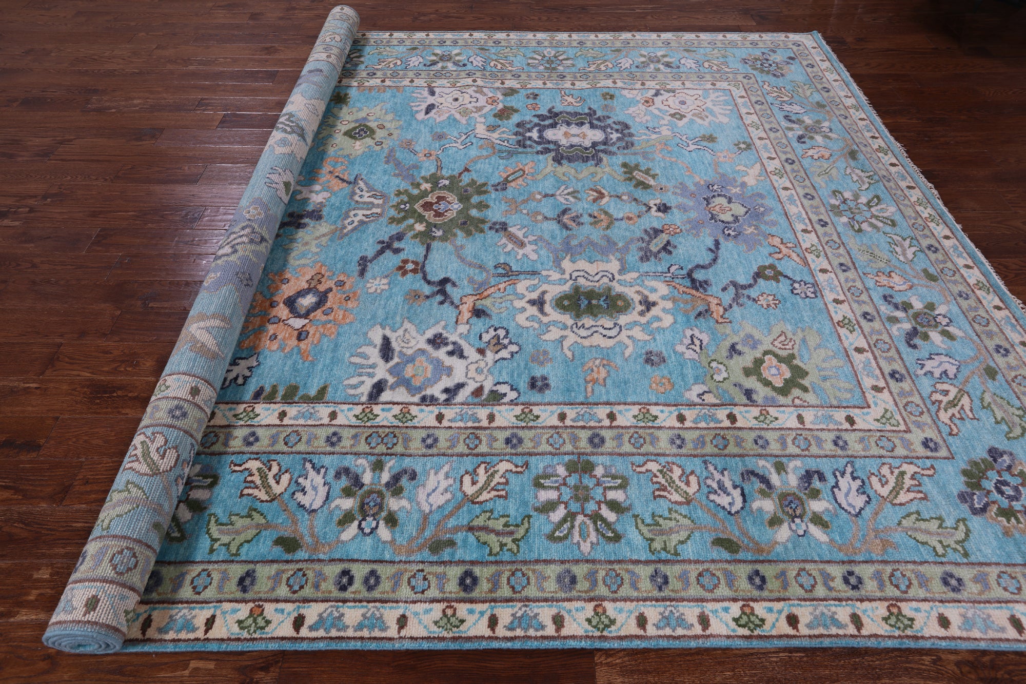 Blue Turkish Oushak Hand Knotted Wool Rug - 9' 3" X 12' 1" - Golden Nile