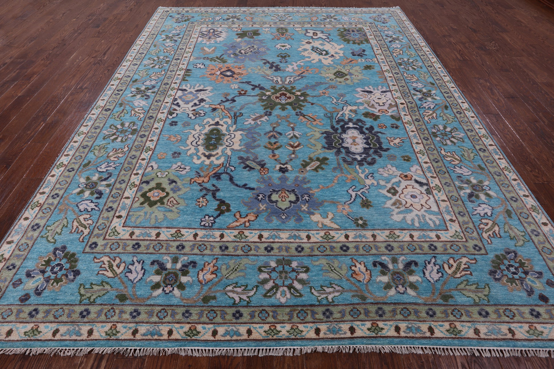 Blue Turkish Oushak Hand Knotted Wool Rug - 9' 3" X 12' 1" - Golden Nile