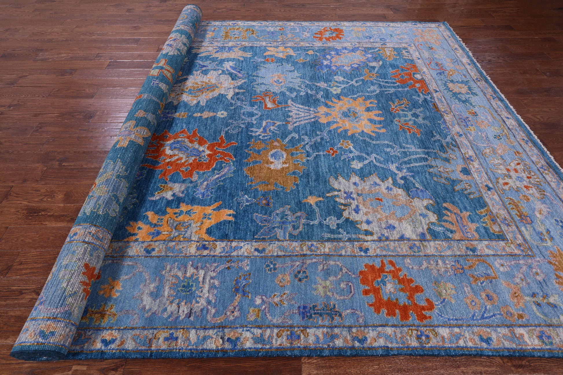 Blue Turkish Oushak Hand Knotted Wool Rug - 9' 2" X 12' 3" - Golden Nile