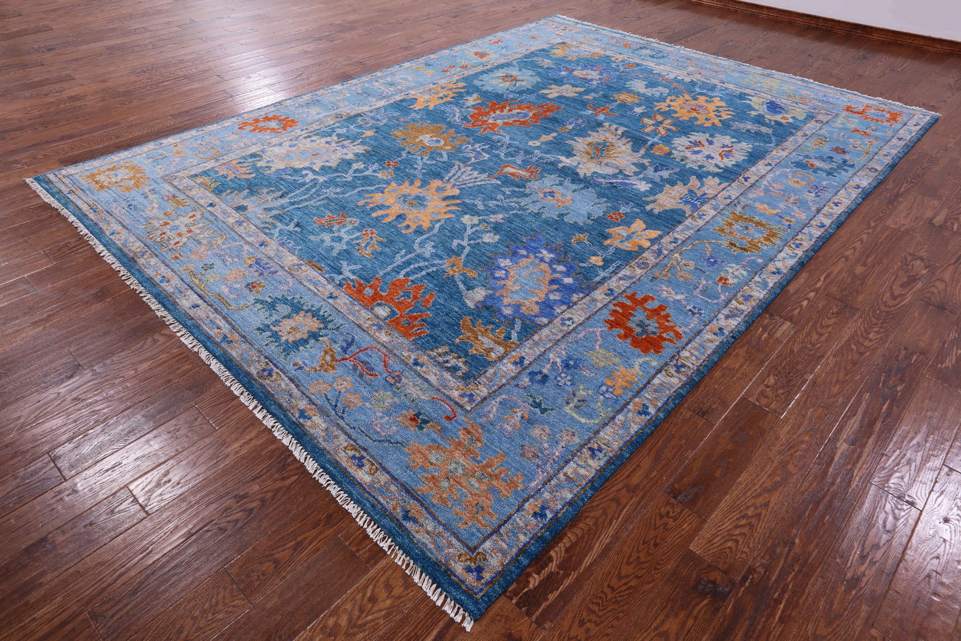Blue Turkish Oushak Hand Knotted Wool Rug - 9' 2" X 12' 3" - Golden Nile