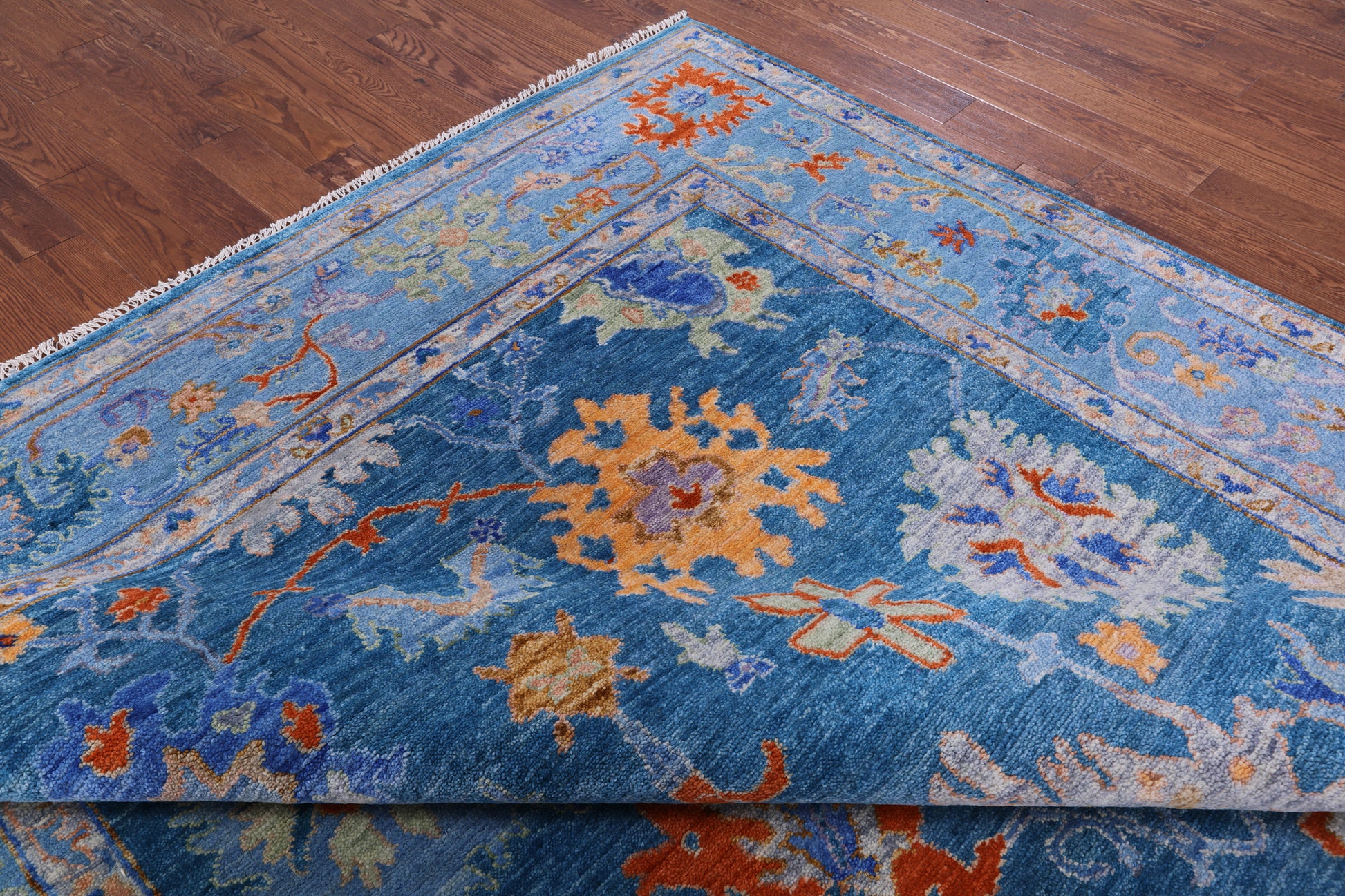 Blue Turkish Oushak Hand Knotted Wool Rug - 9' 2" X 12' 3" - Golden Nile