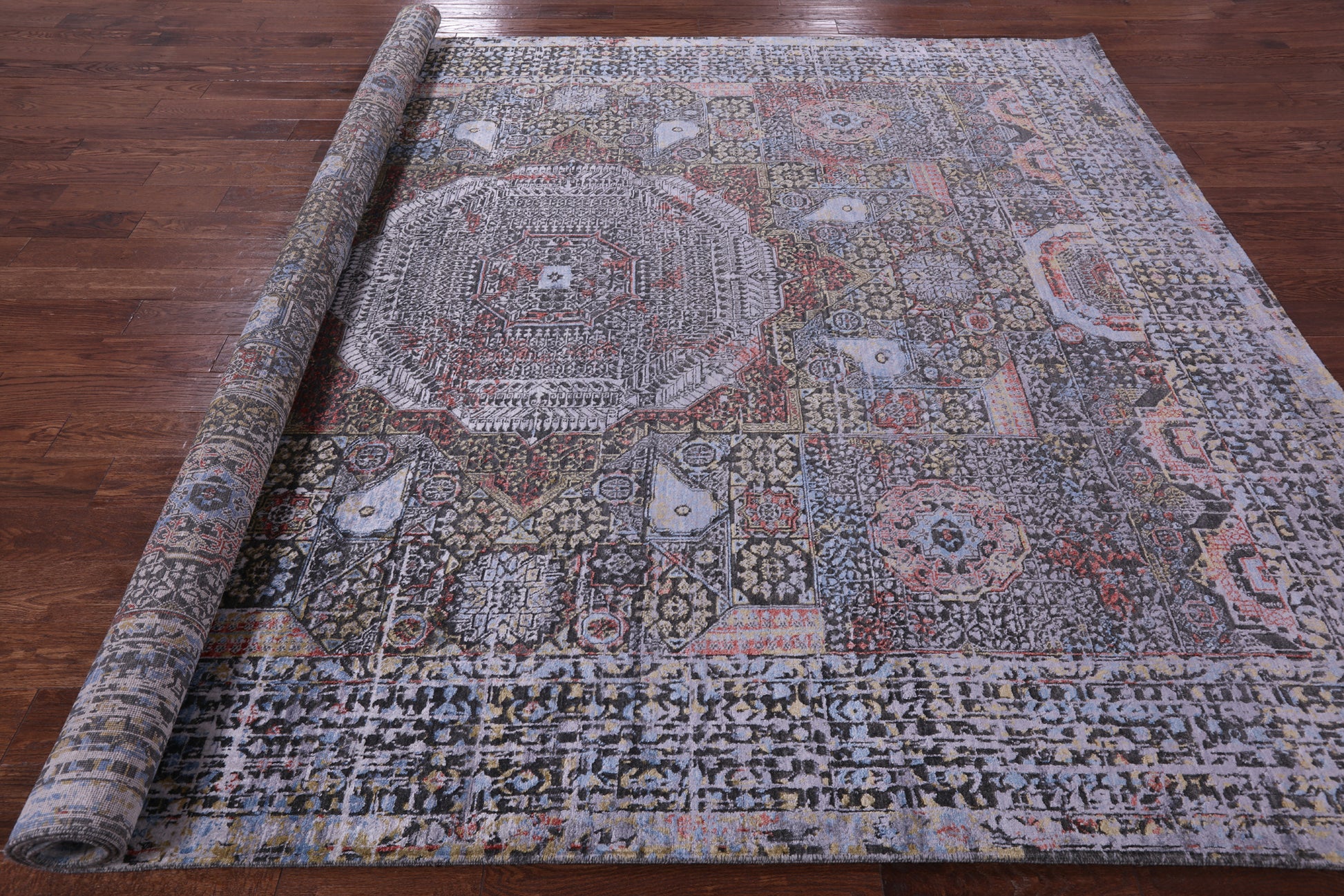 Geometric Persian Mamluk Handmade Wool & Silk Rug - 9' 1" X 11' 8" - Golden Nile