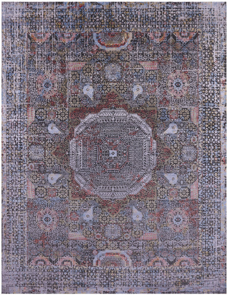 Geometric Persian Mamluk Handmade Wool & Silk Rug - 9' 1" X 11' 8" - Golden Nile