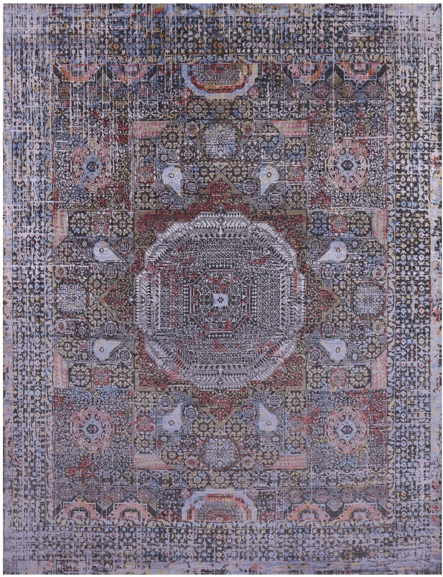 Geometric Persian Mamluk Handmade Wool & Silk Rug - 9' 1" X 11' 8" - Golden Nile