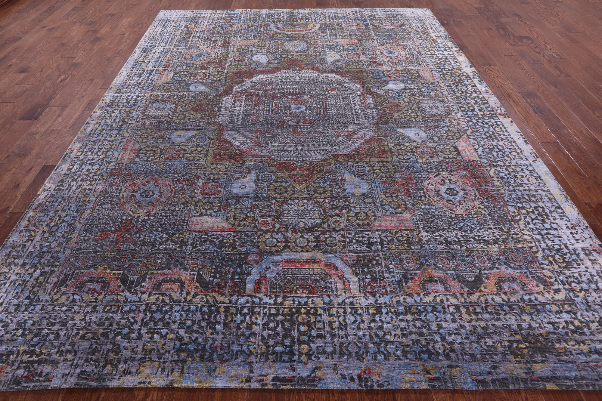 Geometric Persian Mamluk Handmade Wool & Silk Rug - 9' 1" X 11' 8" - Golden Nile