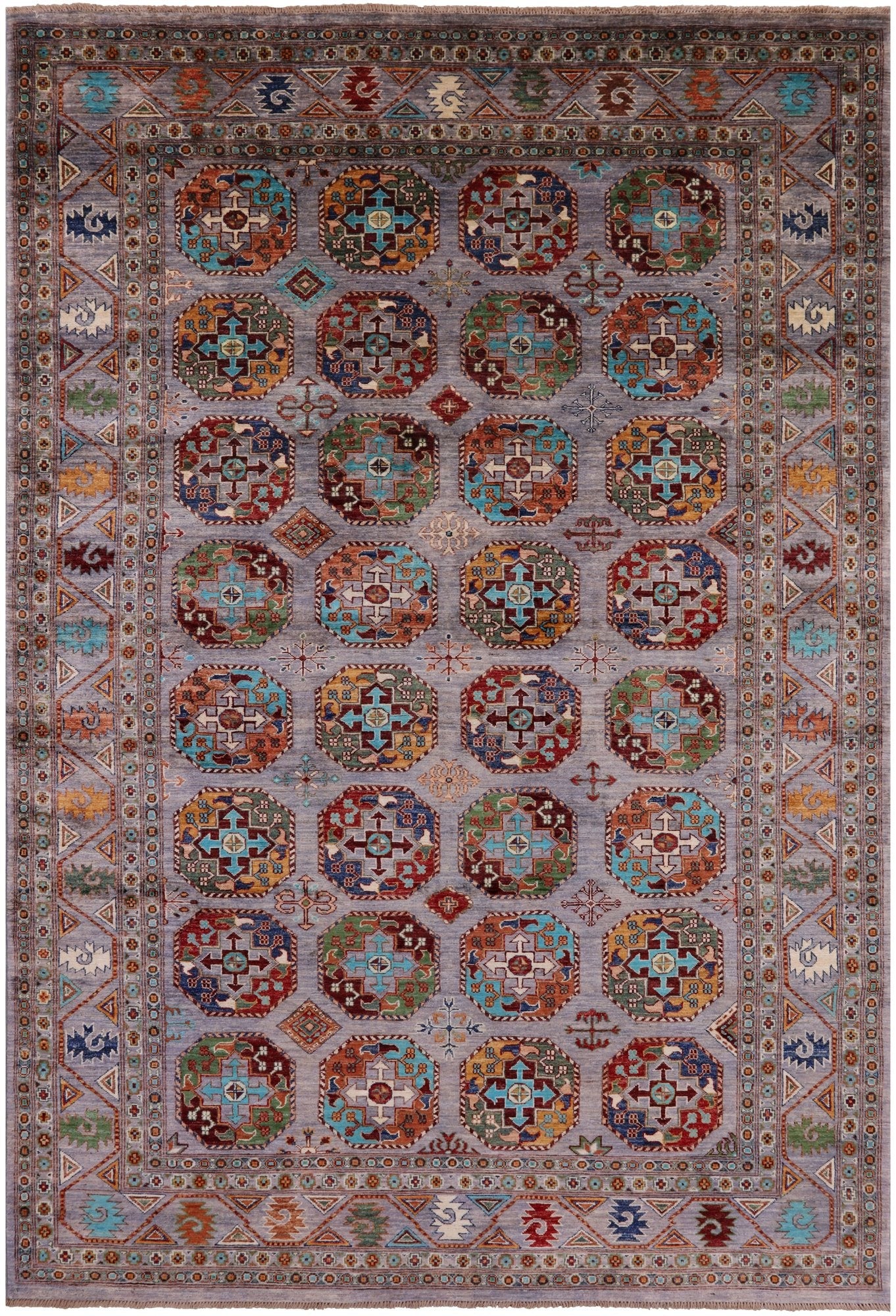 Grey Turkmen Ersari Hand Knotted Wool Rug - 6' 8" X 9' 9" - Golden Nile