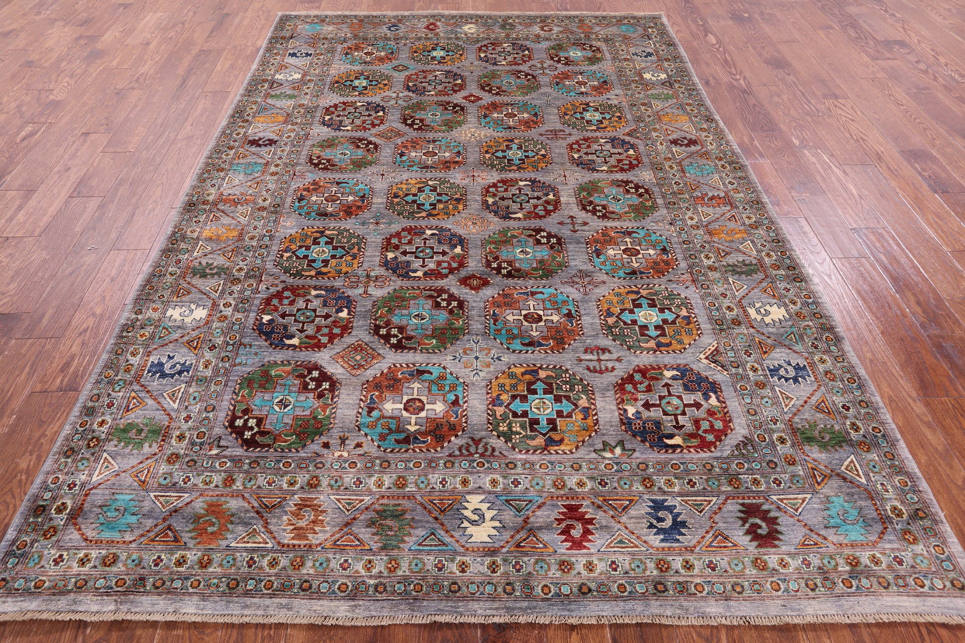 Grey Turkmen Ersari Hand Knotted Wool Rug - 6' 8" X 9' 9" - Golden Nile