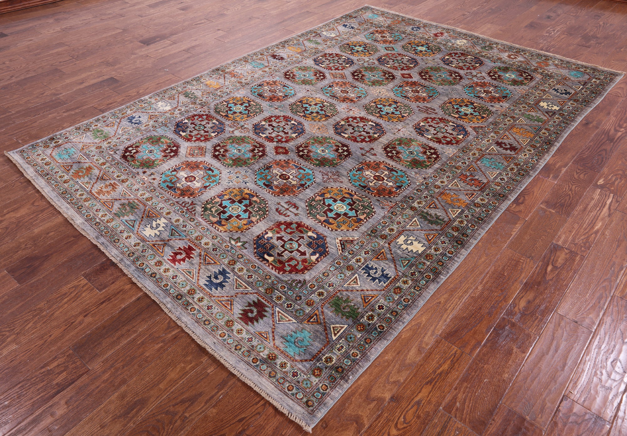 Grey Turkmen Ersari Hand Knotted Wool Rug - 6' 8" X 9' 9" - Golden Nile