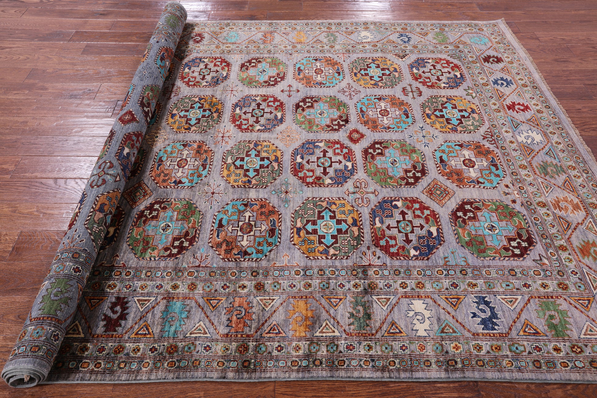 Grey Turkmen Ersari Hand Knotted Wool Rug - 6' 8" X 9' 9" - Golden Nile