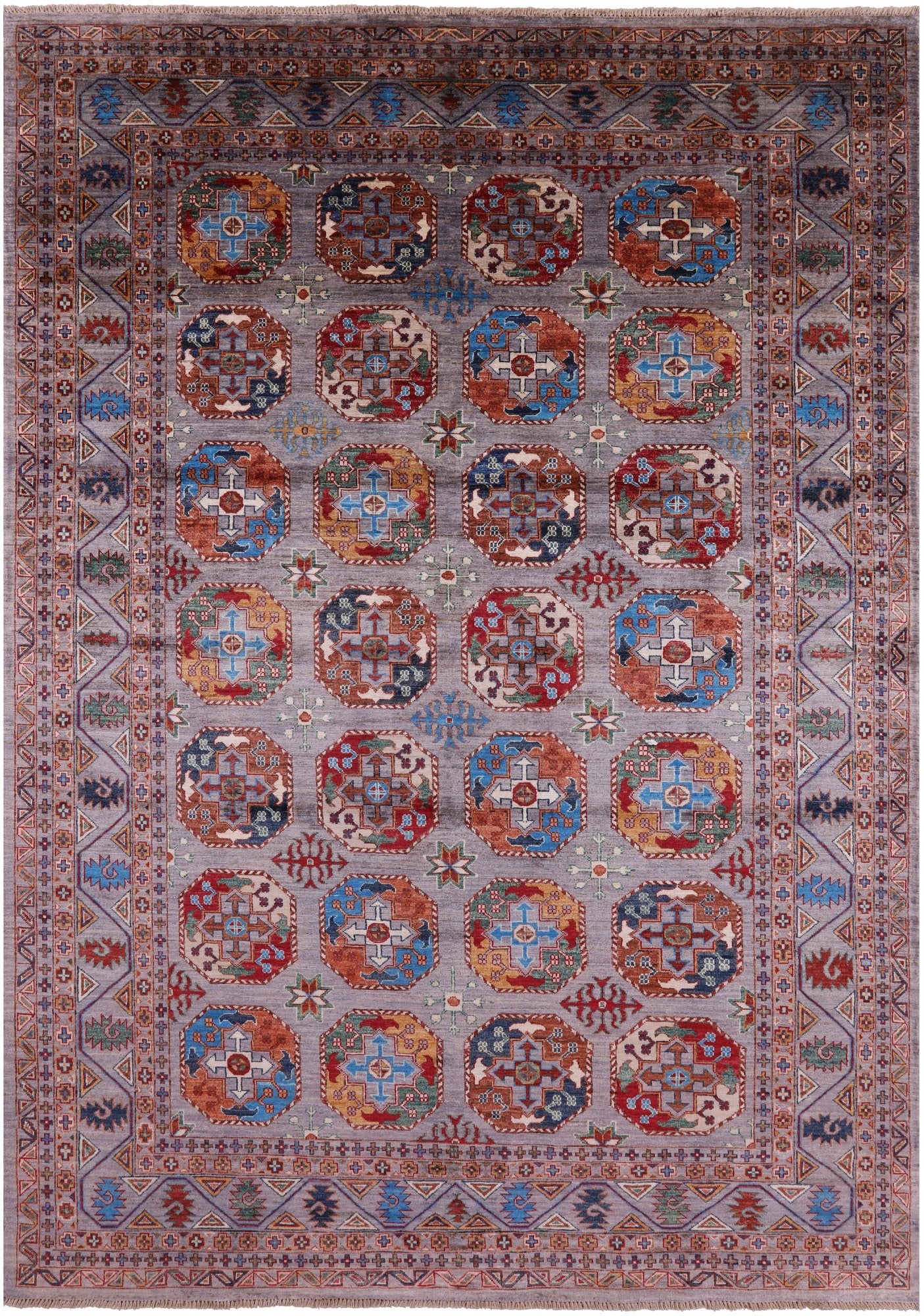Grey Turkmen Ersari Hand Knotted Wool Rug - 6' 10" X 9' 10" - Golden Nile