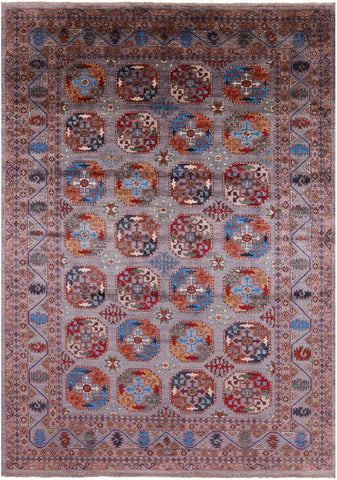 Grey Turkmen Ersari Hand Knotted Wool Rug - 6' 10