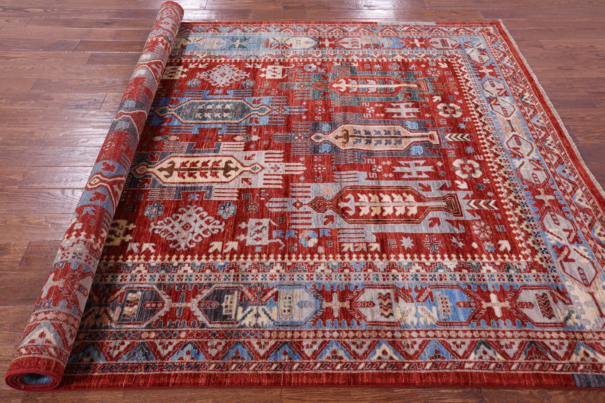 Red Persian Fine Serapi Hand Knotted Wool Rug - 7' 0" X 10' 2" - Golden Nile