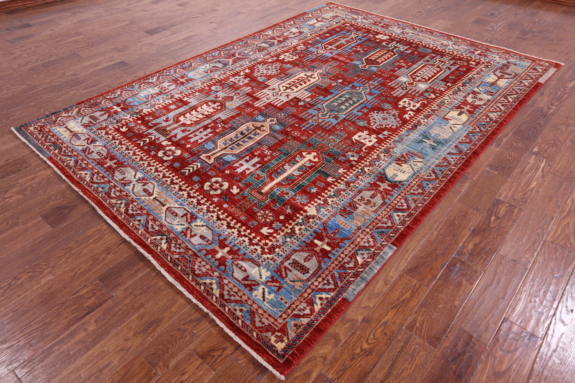 Red Persian Fine Serapi Hand Knotted Wool Rug - 7' 0" X 10' 2" - Golden Nile