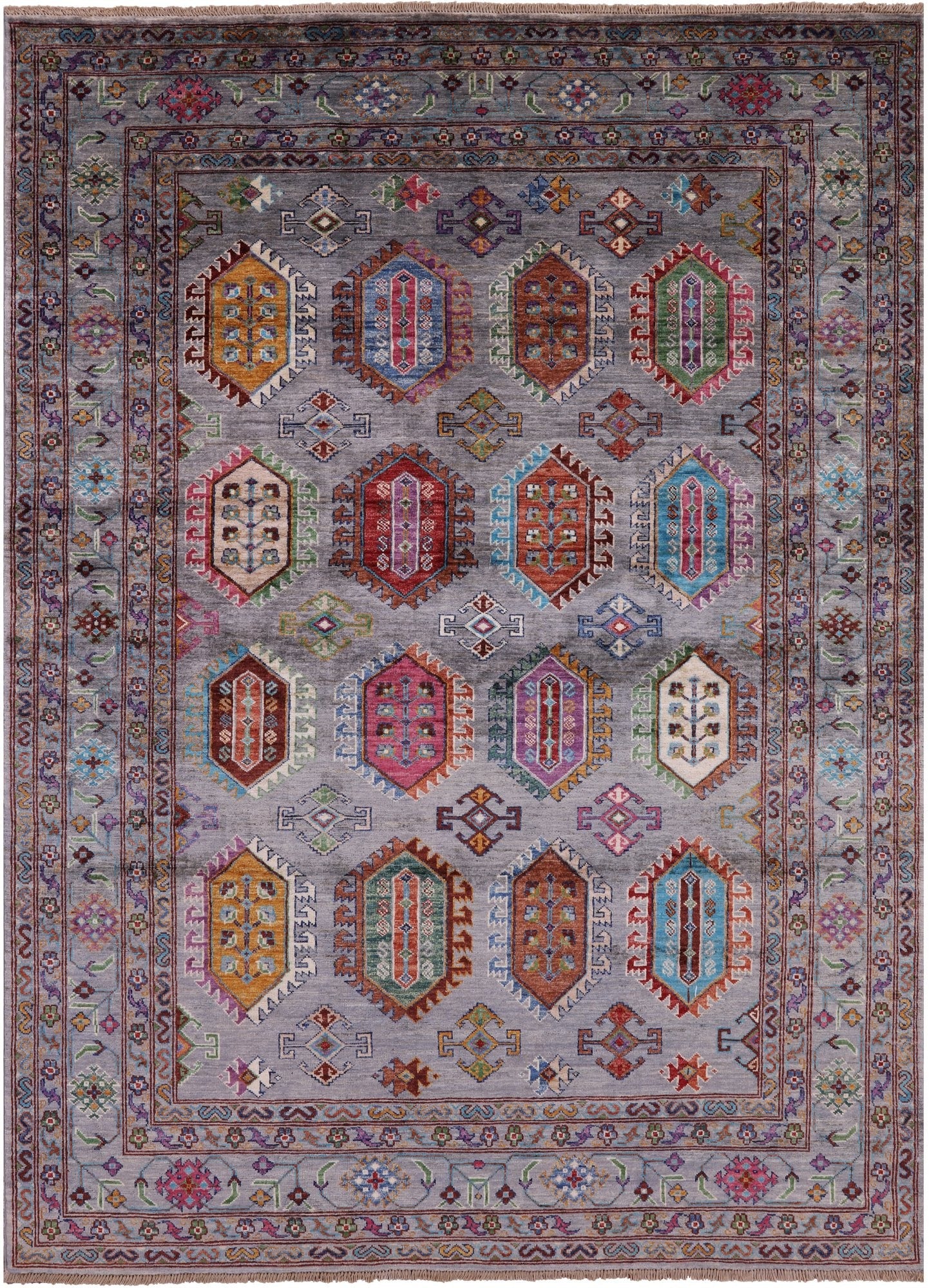 Grey Turkmen Ersari Hand Knotted Wool Rug - 5' 7" X 7' 8" - Golden Nile