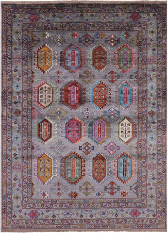 Grey Turkmen Ersari Hand Knotted Wool Rug - 5' 7