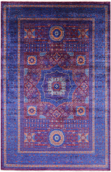 Purple Geometric Persian Mamluk Hand Knotted Wool Rug - 6' 6" X 10' 1" - Golden Nile