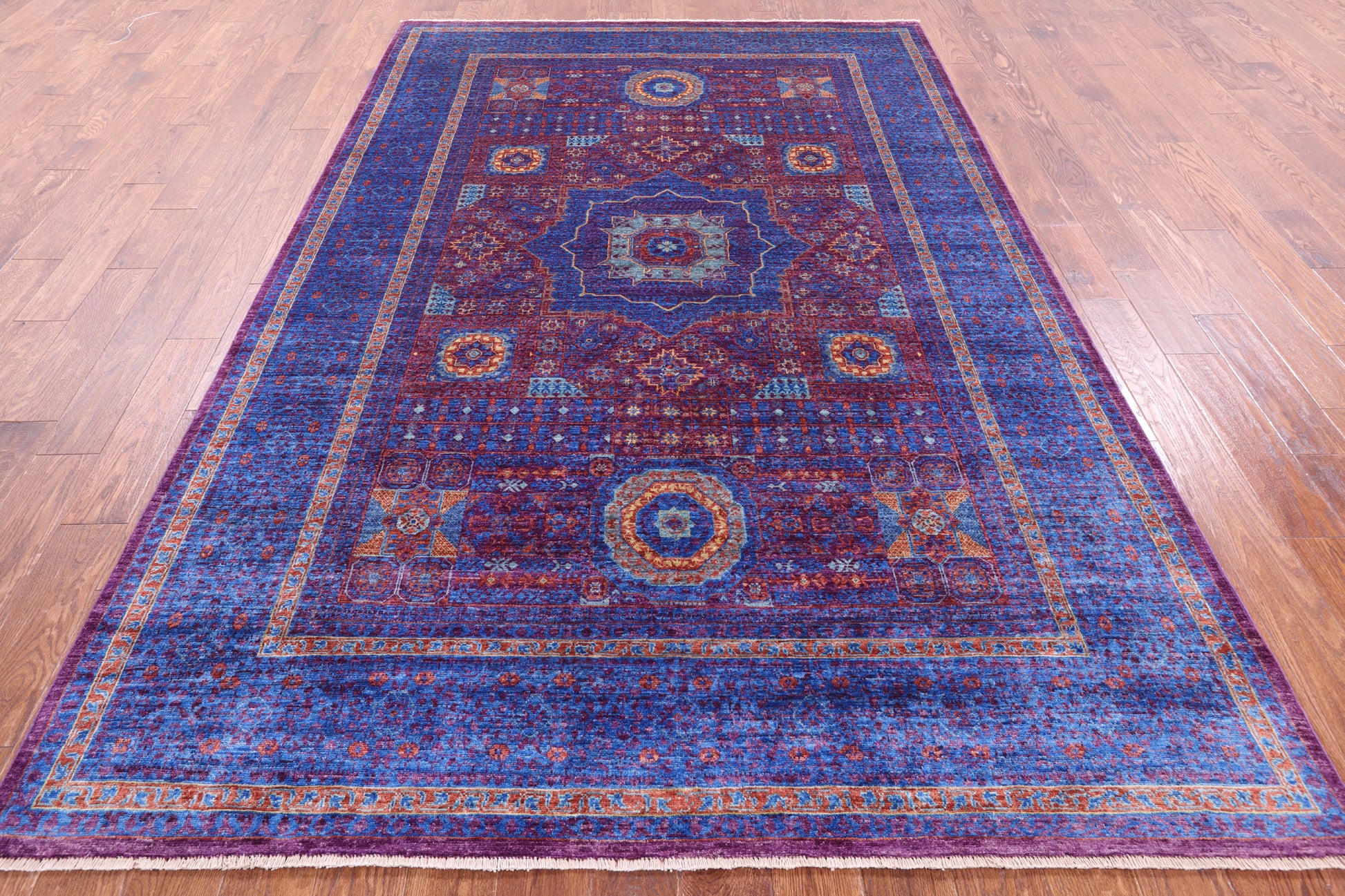 Purple Geometric Persian Mamluk Hand Knotted Wool Rug - 6' 6" X 10' 1" - Golden Nile
