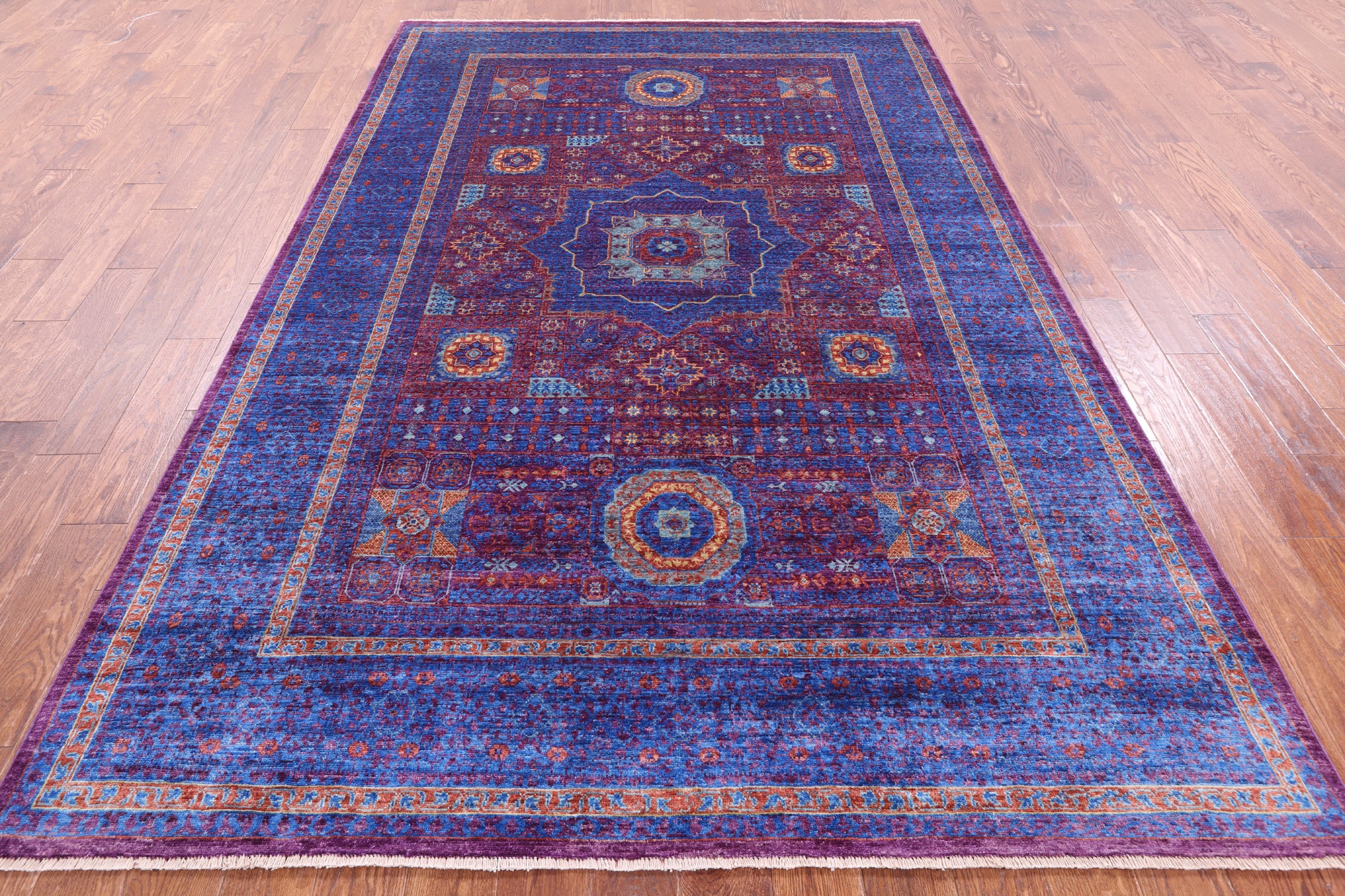 Purple Geometric Persian Mamluk Hand Knotted Wool Rug - 6' 6" X 10' 1" - Golden Nile