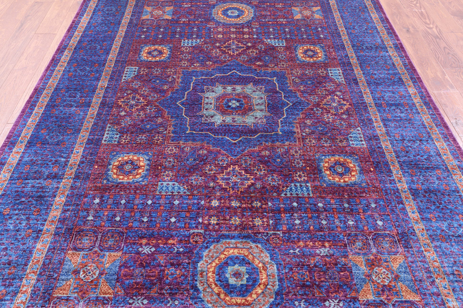 Purple Geometric Persian Mamluk Hand Knotted Wool Rug - 6' 6" X 10' 1" - Golden Nile