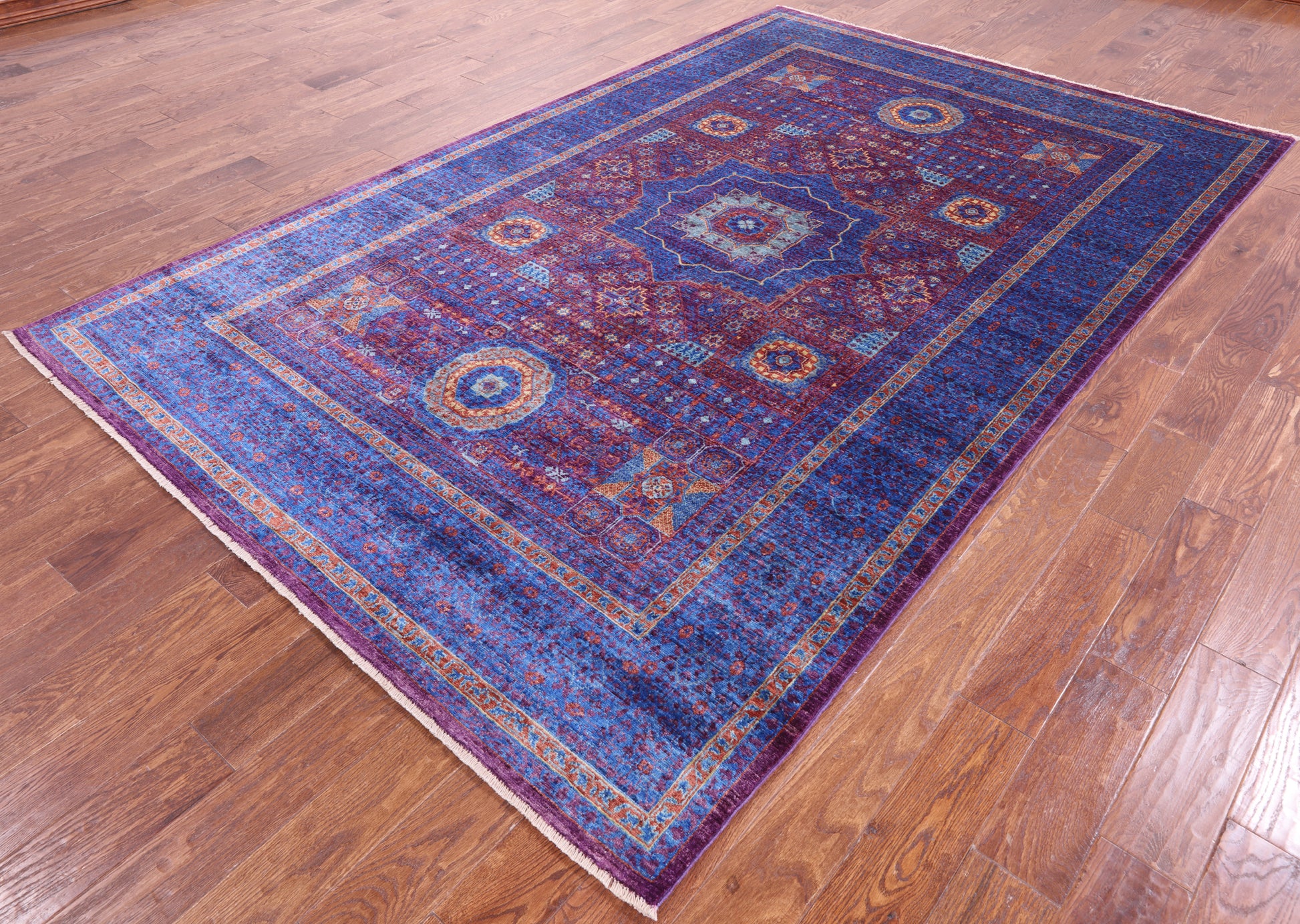 Purple Geometric Persian Mamluk Hand Knotted Wool Rug - 6' 6" X 10' 1" - Golden Nile