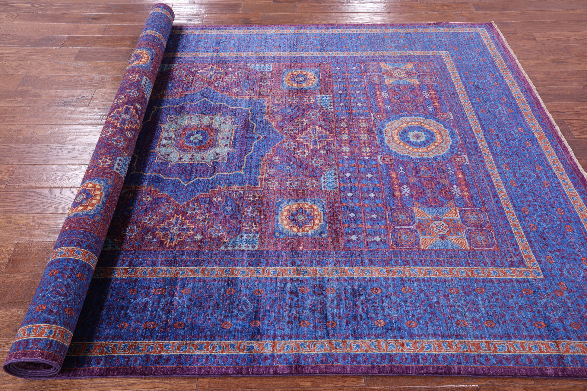 Purple Geometric Persian Mamluk Hand Knotted Wool Rug - 6' 6" X 10' 1" - Golden Nile