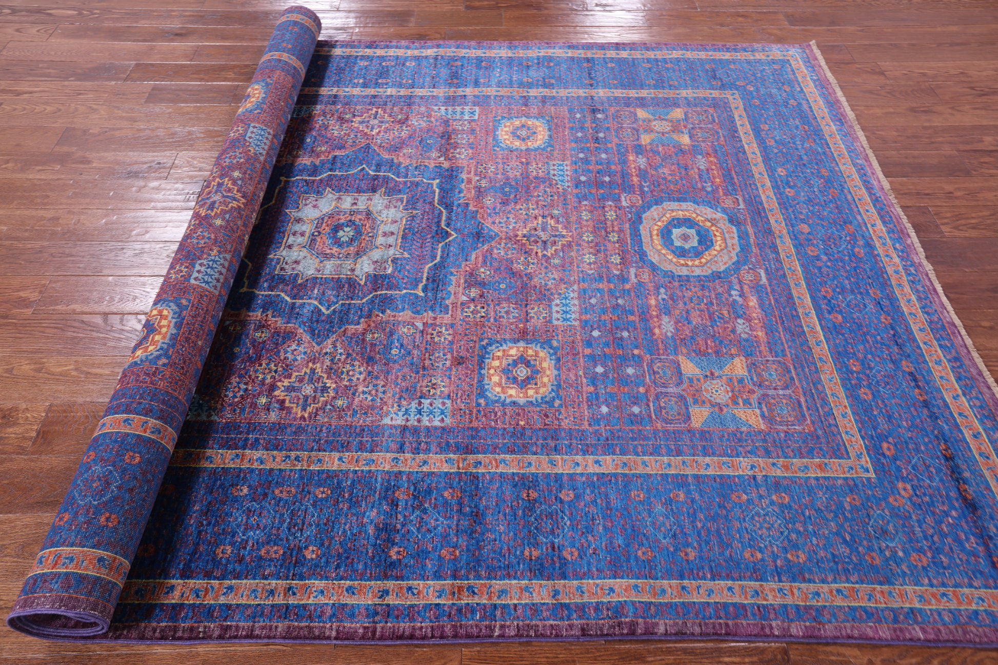 Purple Geometric Persian Mamluk Hand Knotted Wool Rug - 6' 8" X 9' 9" - Golden Nile