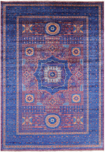 Purple Geometric Persian Mamluk Hand Knotted Wool Rug - 6' 8" X 9' 9" - Golden Nile