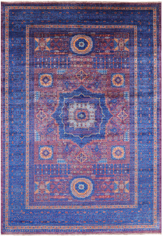 Purple Geometric Persian Mamluk Hand Knotted Wool Rug - 6' 8
