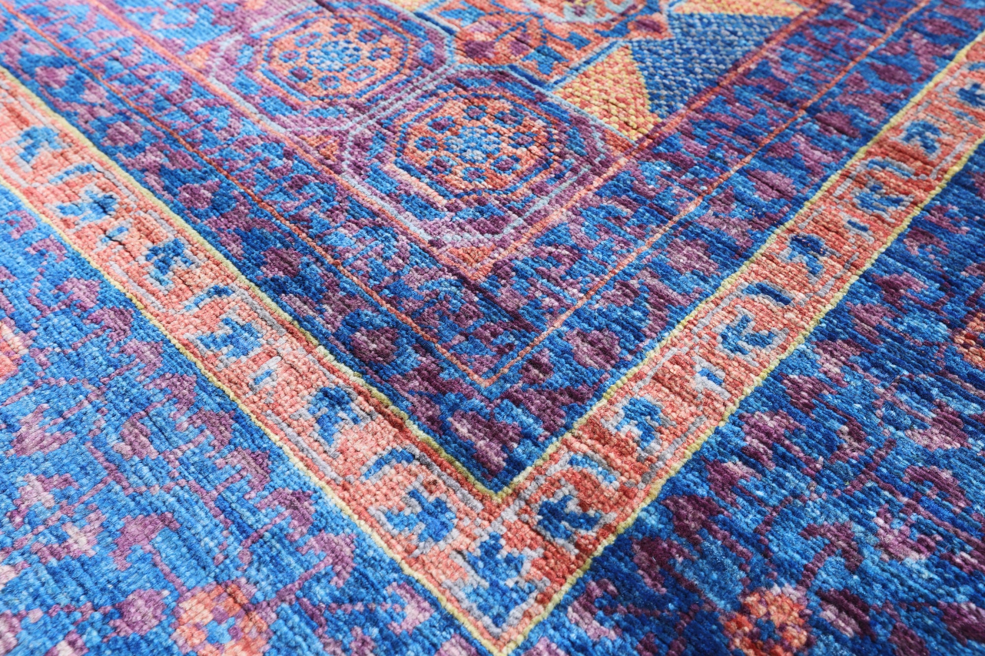 Purple Geometric Persian Mamluk Hand Knotted Wool Rug - 6' 8" X 9' 9" - Golden Nile