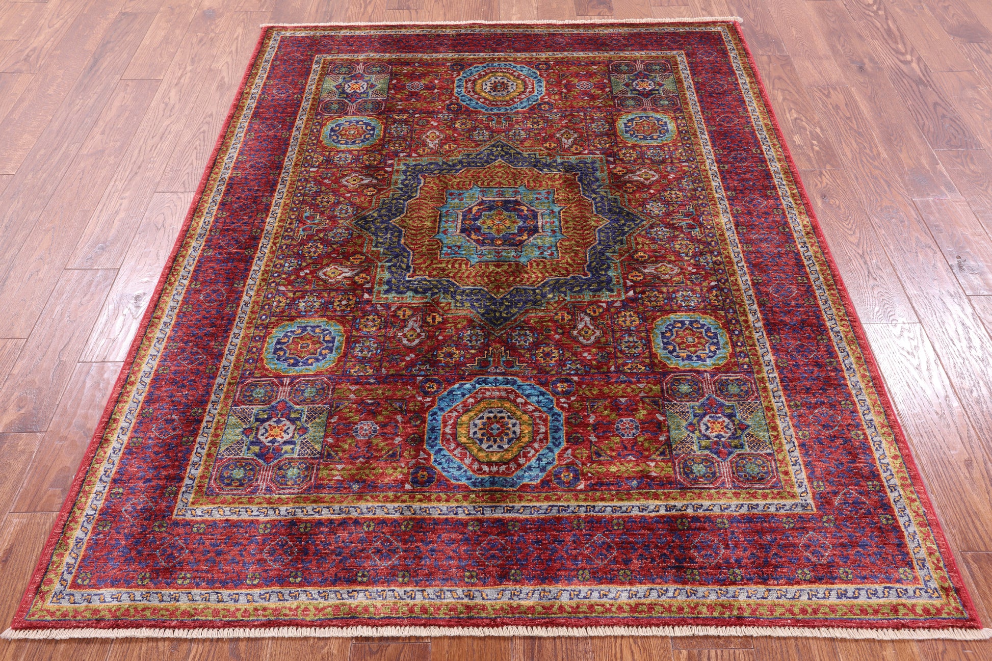 Red Geometric Persian Mamluk Hand Knotted Wool Rug - 5' 1" X 6' 7" - Golden Nile