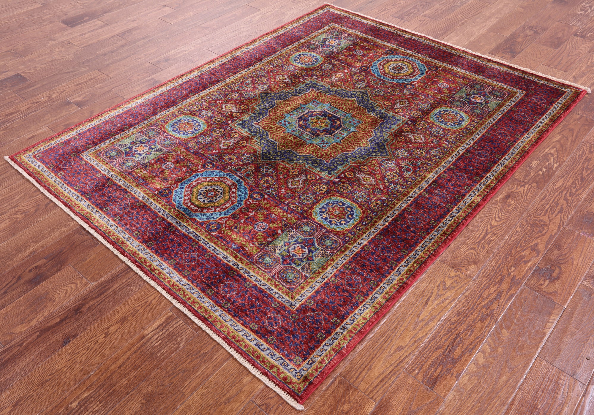 Red Geometric Persian Mamluk Hand Knotted Wool Rug - 5' 1" X 6' 7" - Golden Nile