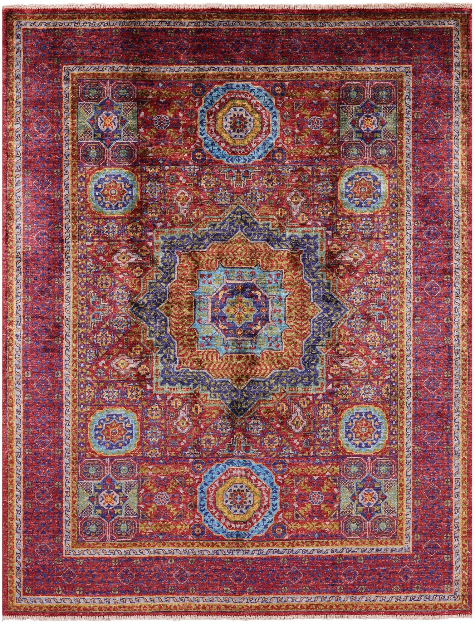 Red Geometric Persian Mamluk Hand Knotted Wool Rug - 5' 1" X 6' 7" - Golden Nile