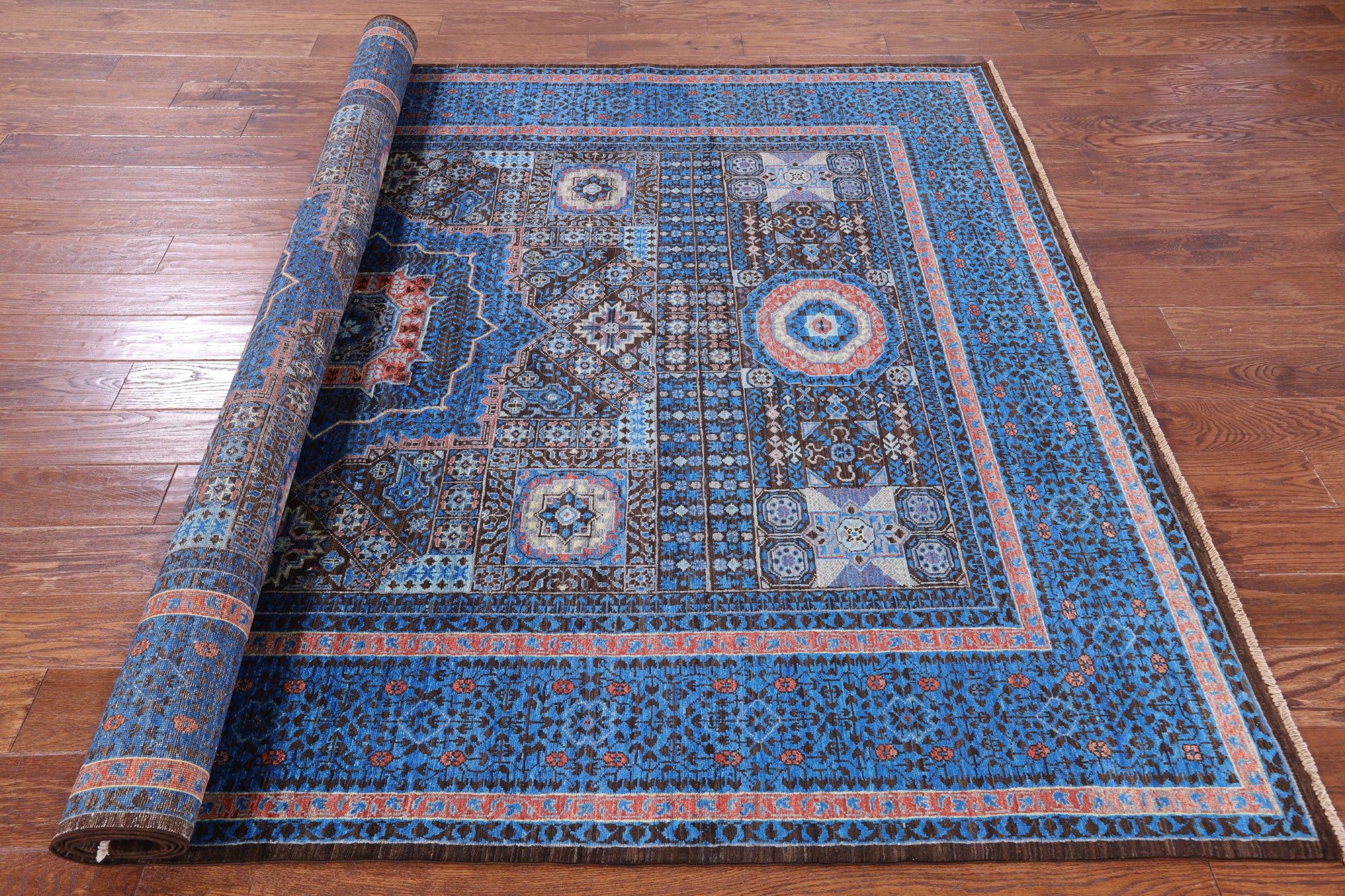 Brown Geometric Persian Mamluk Hand Knotted Wool Rug - 6' 8" X 9' 9" - Golden Nile