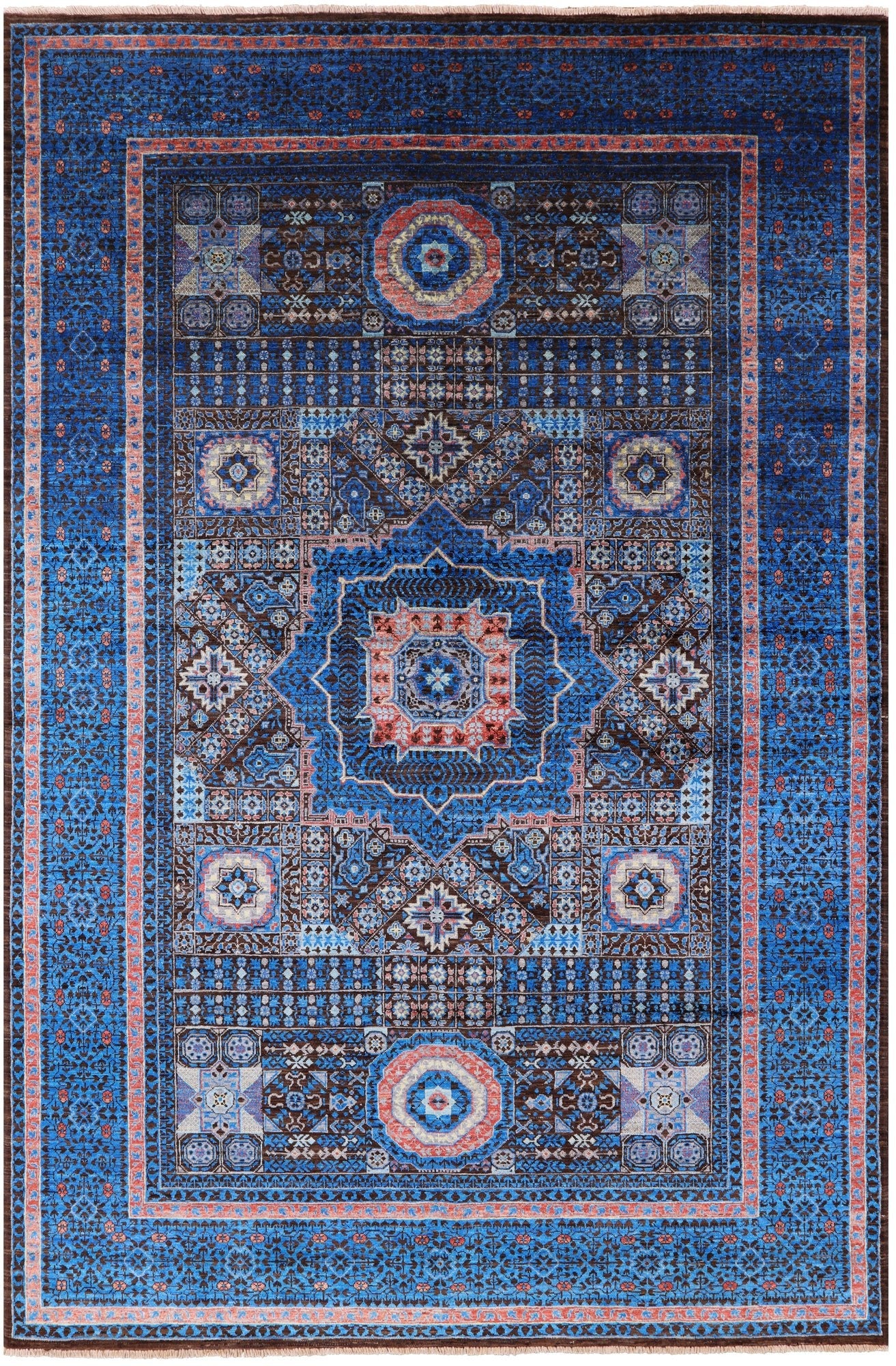 Brown Geometric Persian Mamluk Hand Knotted Wool Rug - 6' 8" X 9' 9" - Golden Nile