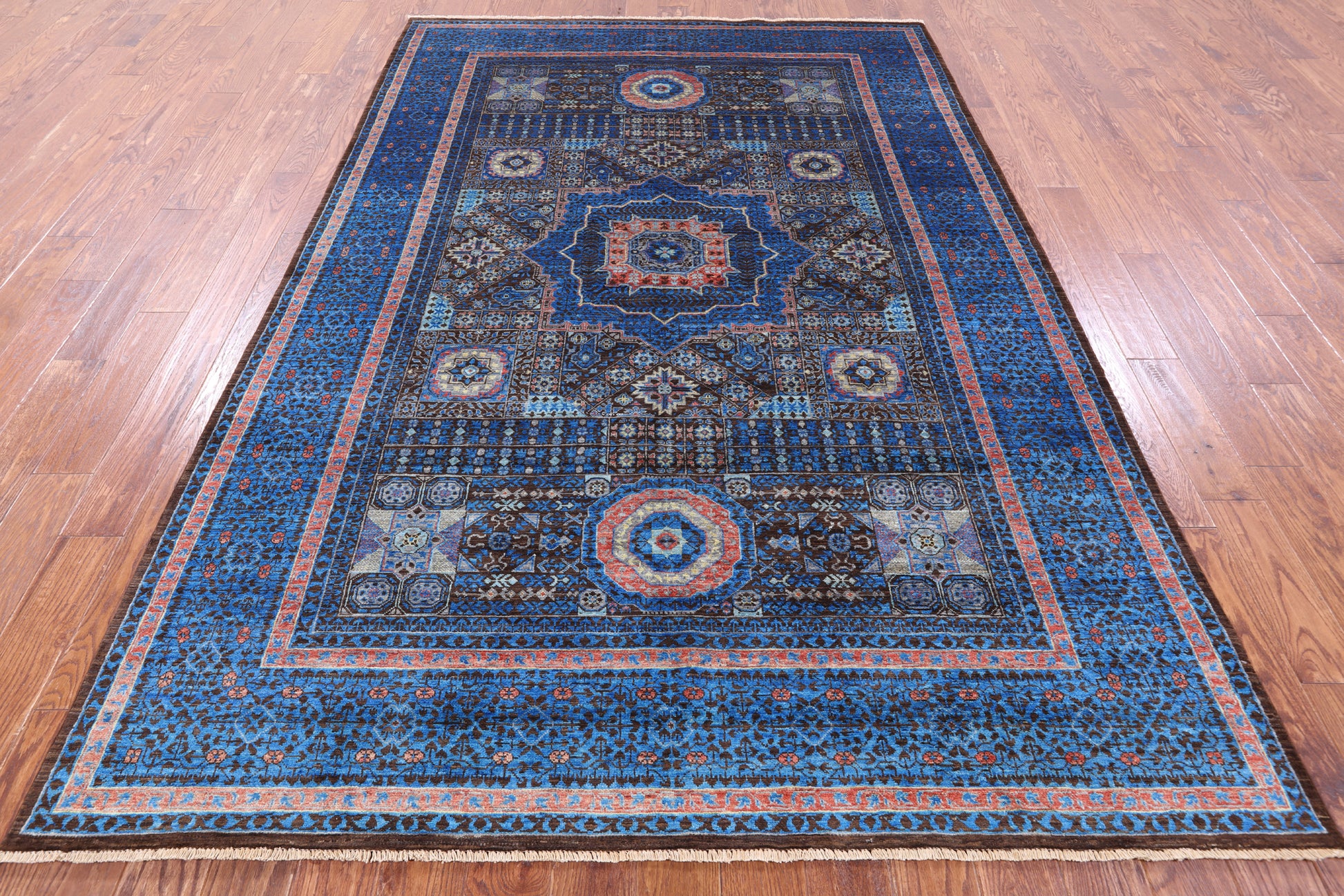 Brown Geometric Persian Mamluk Hand Knotted Wool Rug - 6' 8" X 9' 9" - Golden Nile