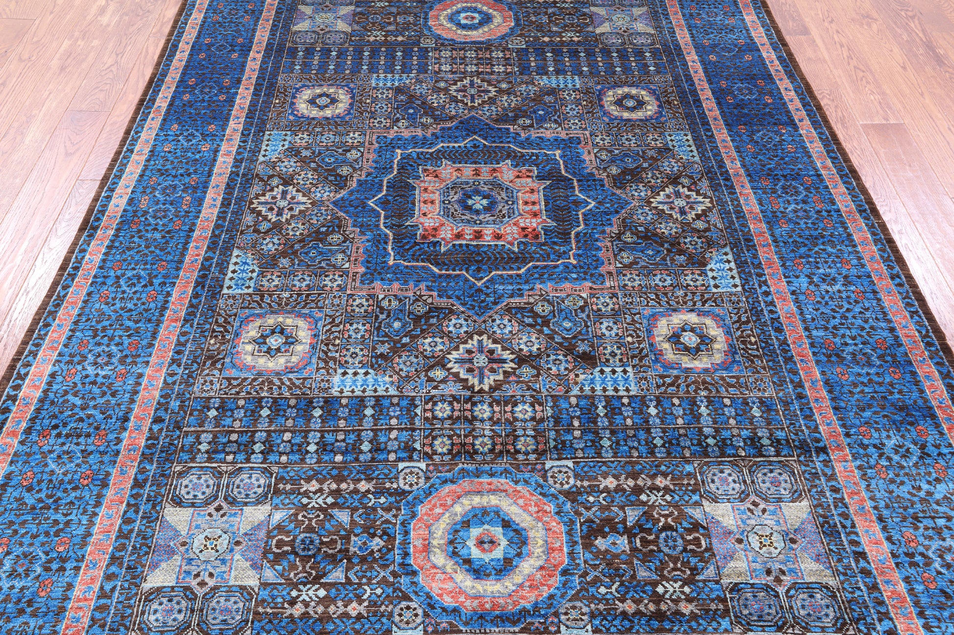 Brown Geometric Persian Mamluk Hand Knotted Wool Rug - 6' 8" X 9' 9" - Golden Nile