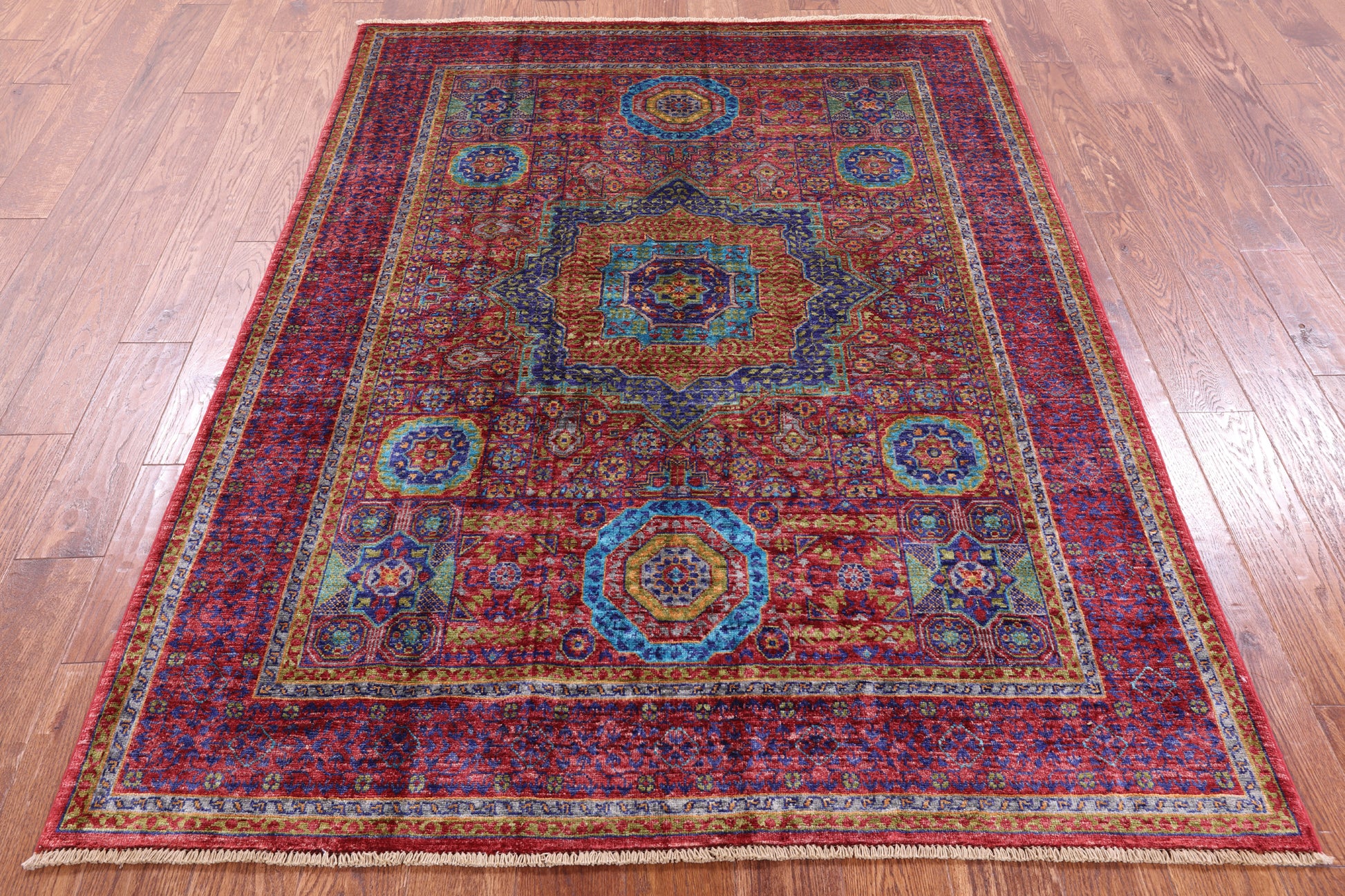 Red Geometric Persian Mamluk Hand Knotted Wool Rug - 5' 0" X 6' 8" - Golden Nile
