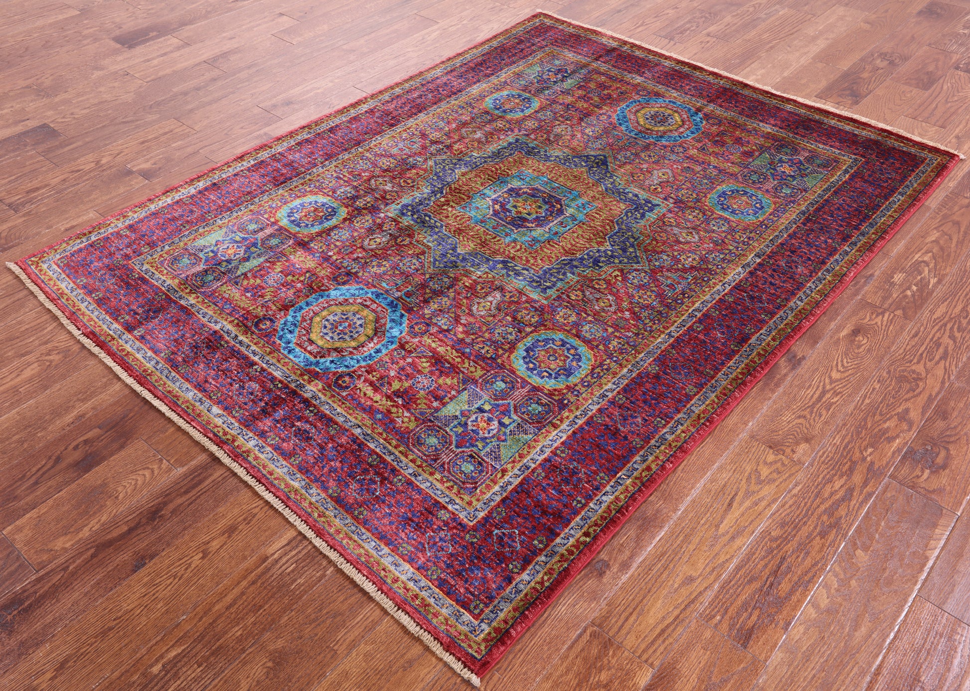 Red Geometric Persian Mamluk Hand Knotted Wool Rug - 5' 0" X 6' 8" - Golden Nile