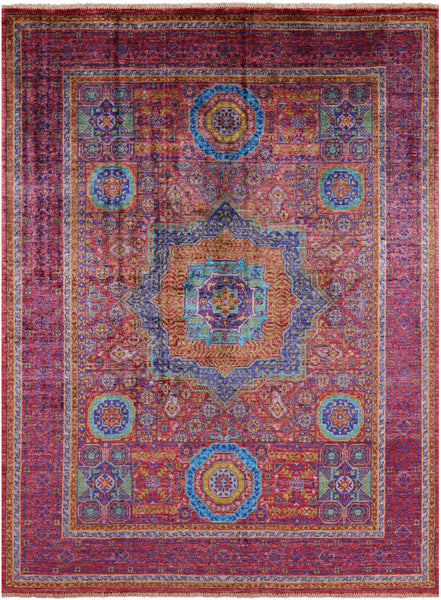 Red Geometric Persian Mamluk Hand Knotted Wool Rug - 5' 0" X 6' 8" - Golden Nile