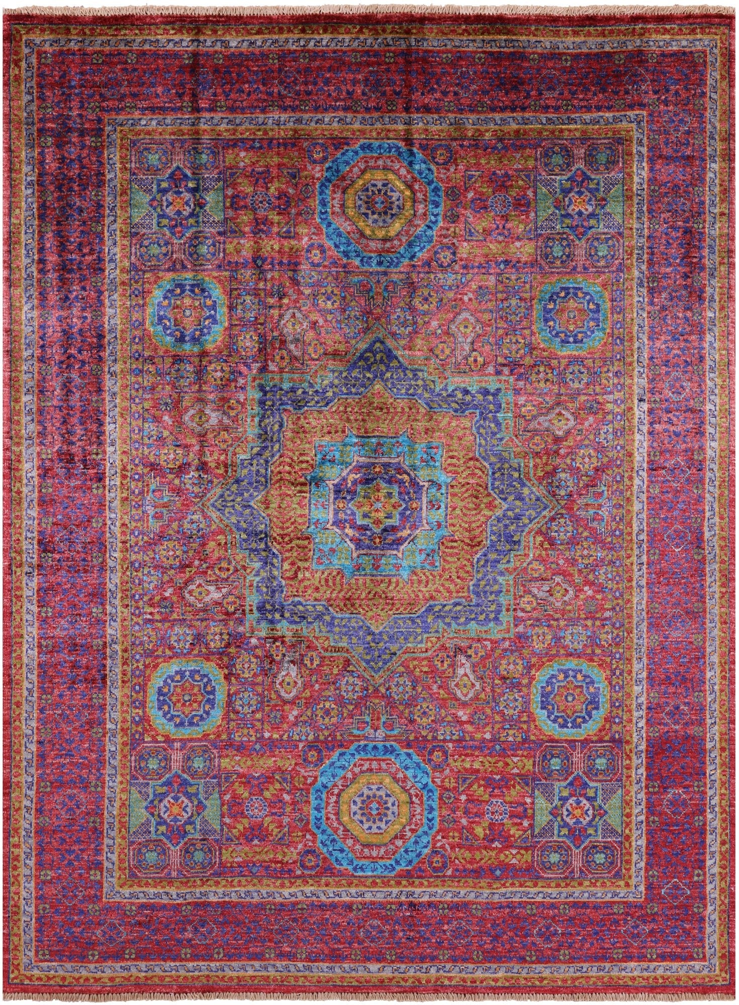 Red Geometric Persian Mamluk Hand Knotted Wool Rug - 5' 0" X 6' 8" - Golden Nile