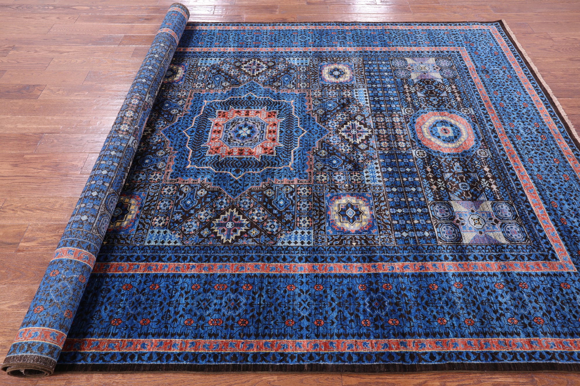 Brown Geometric Persian Mamluk Hand Knotted Wool Rug - 6' 10" X 9' 10" - Golden Nile