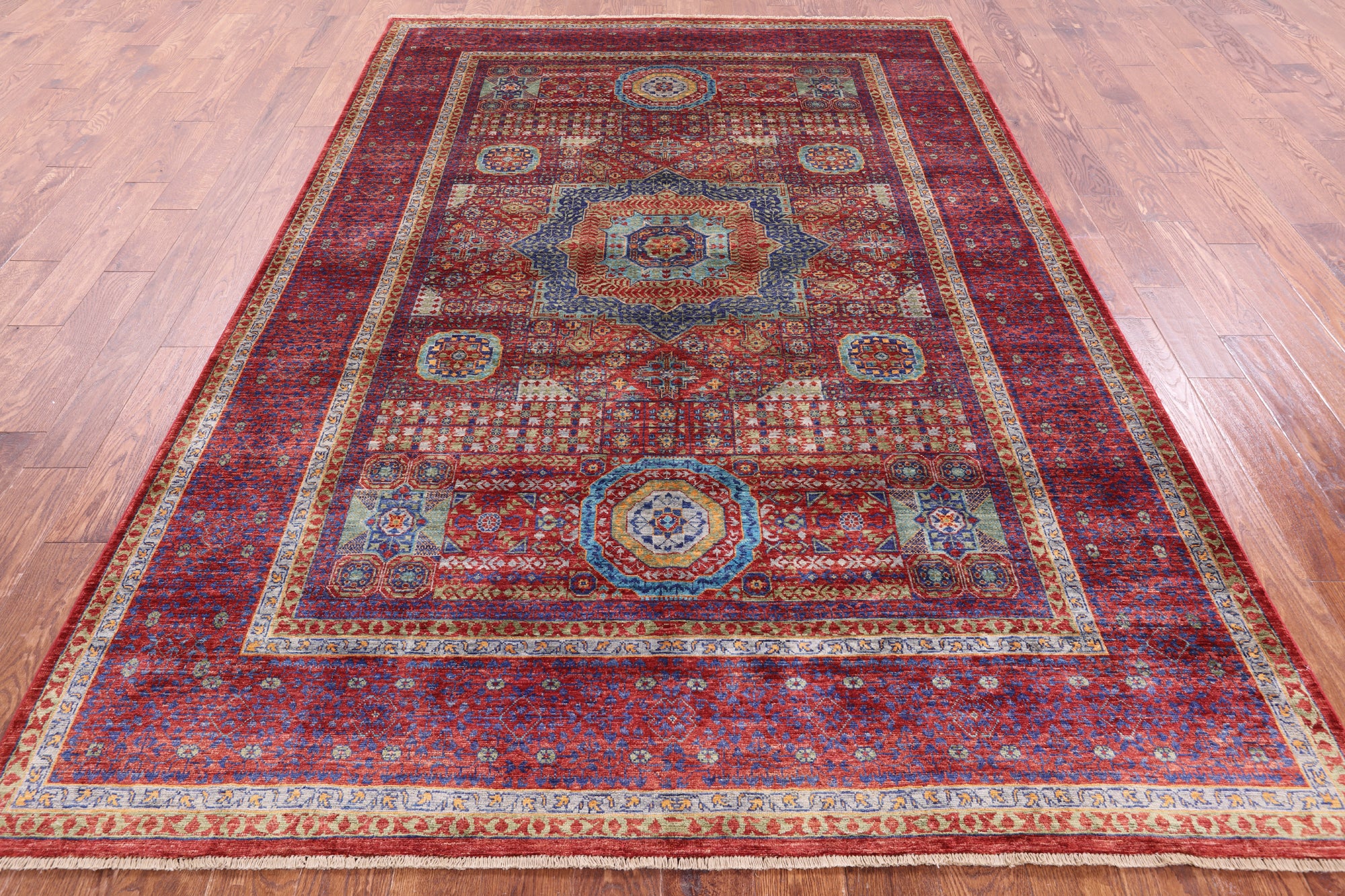 Red Geometric Persian Mamluk Handmade Wool Rug - 6' 9" X 9' 9" - Golden Nile