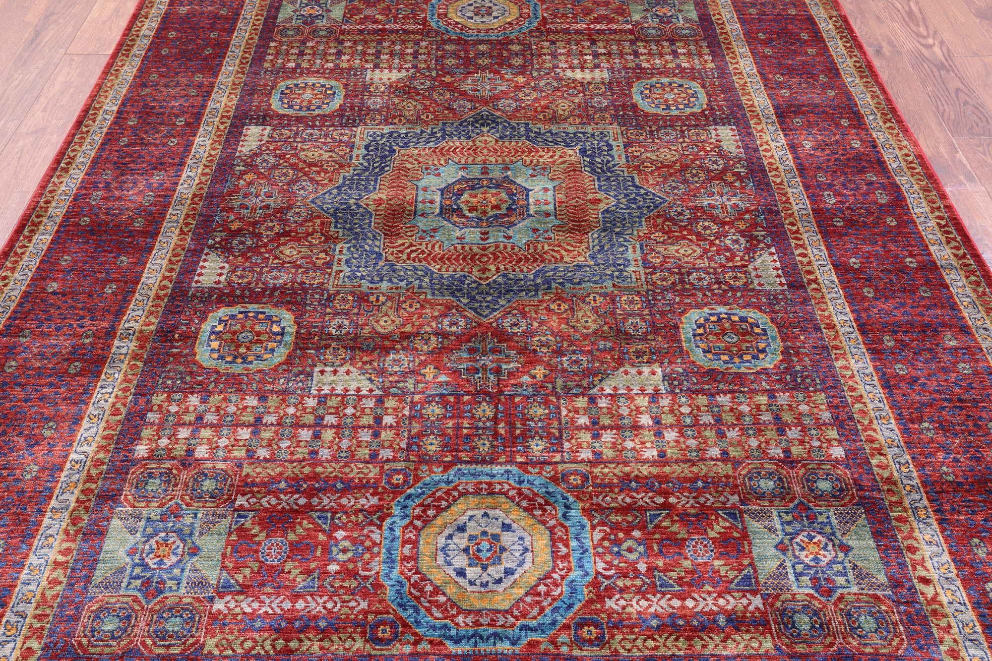 Red Geometric Persian Mamluk Handmade Wool Rug - 6' 9" X 9' 9" - Golden Nile