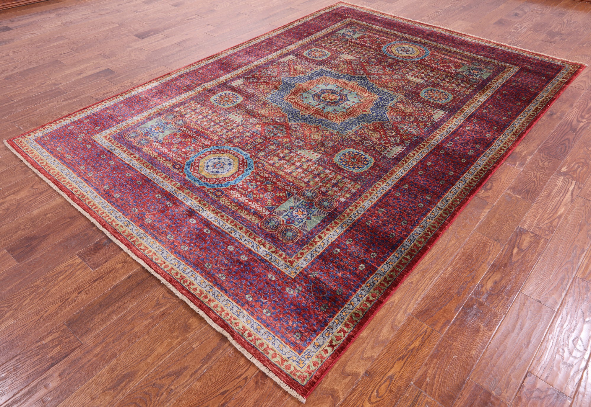 Red Geometric Persian Mamluk Handmade Wool Rug - 6' 9" X 9' 9" - Golden Nile