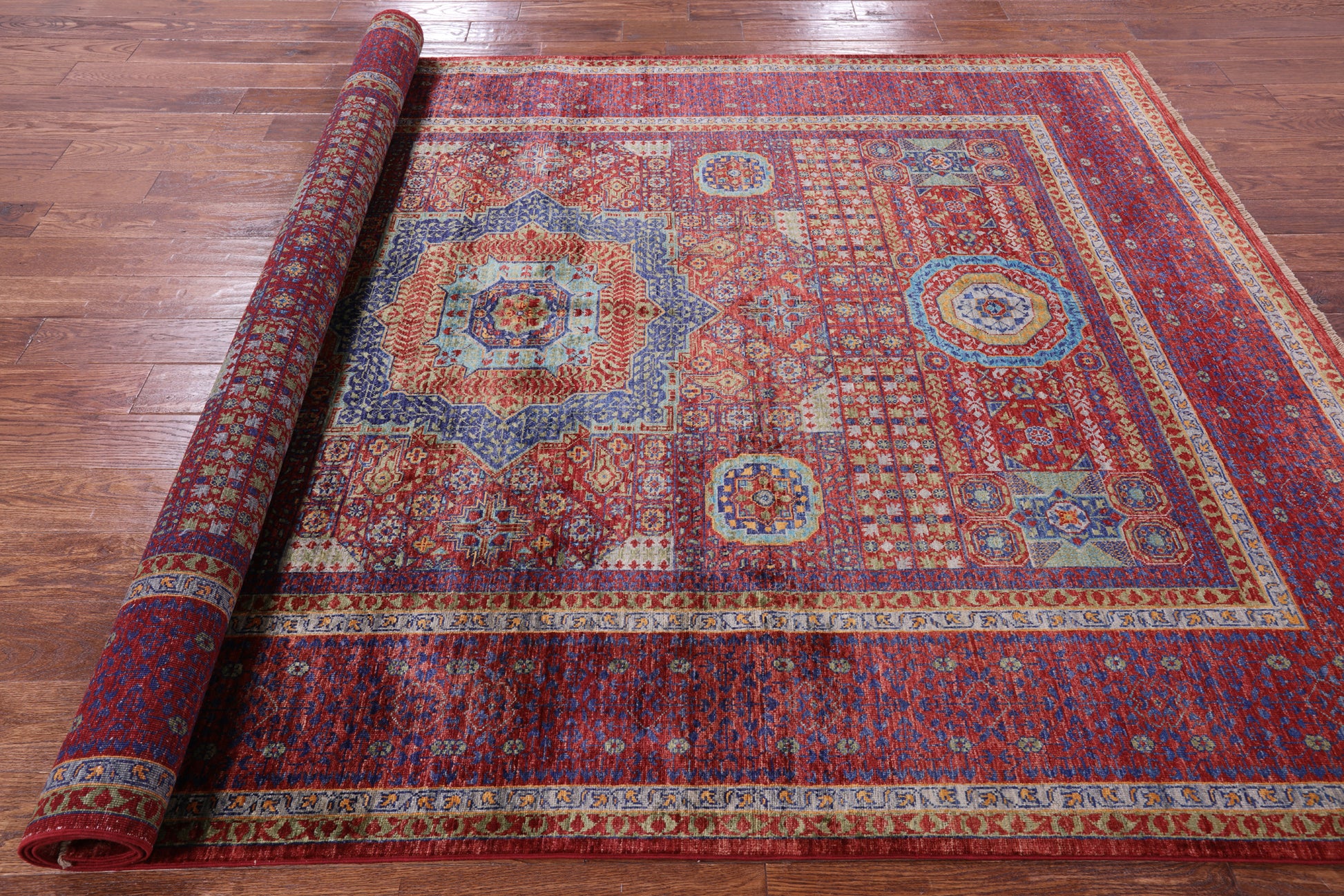 Red Geometric Persian Mamluk Handmade Wool Rug - 6' 9" X 9' 9" - Golden Nile