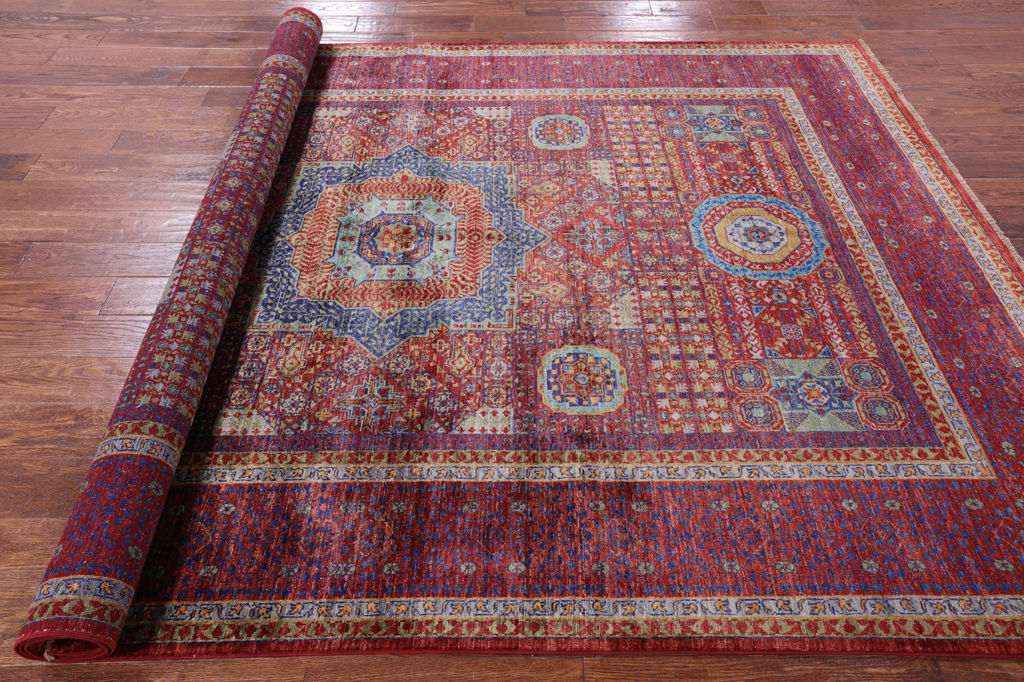 Red Geometric Persian Mamluk Handmade Wool Rug - 6' 9" X 9' 9" - Golden Nile