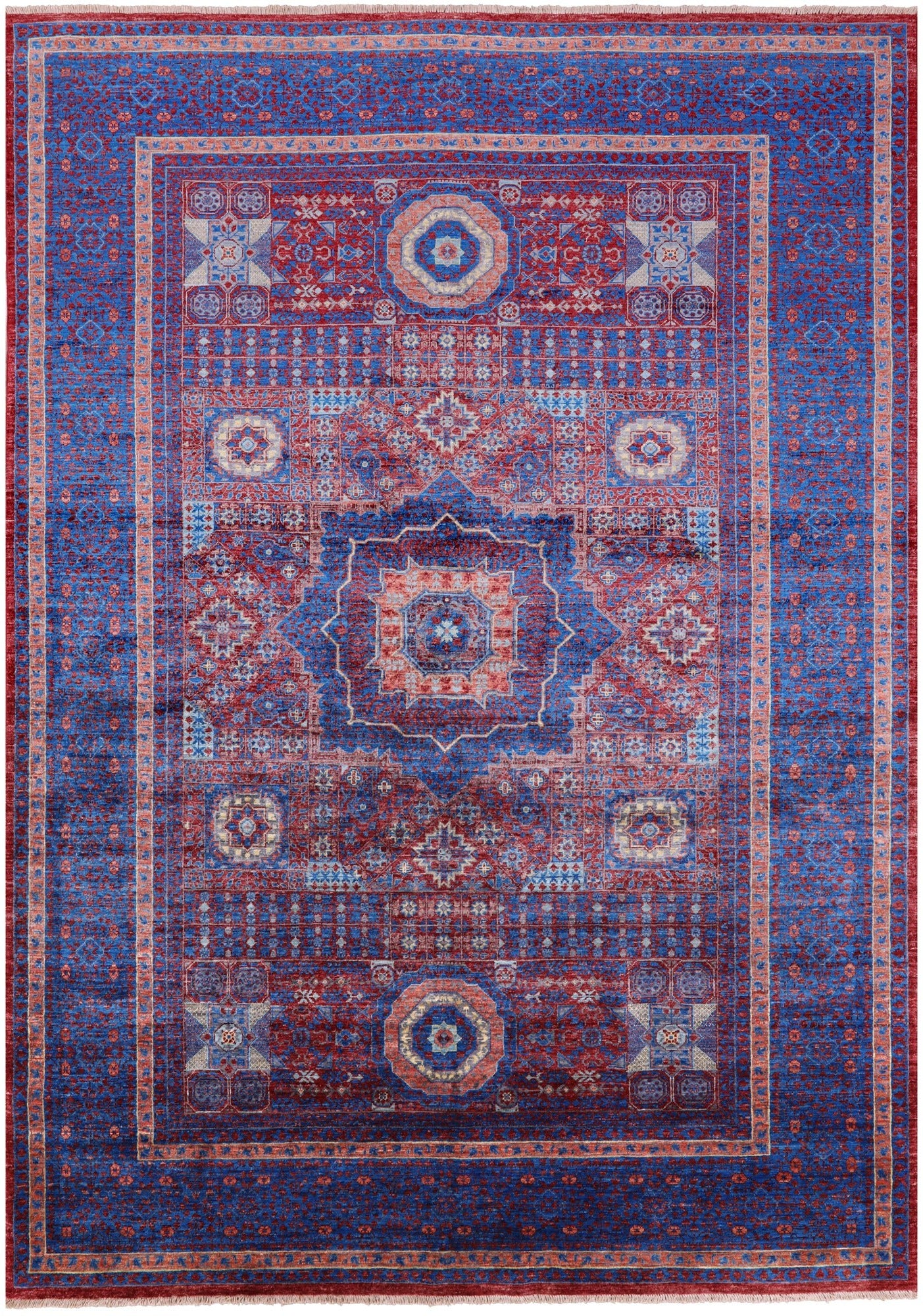 Red Geometric Persian Mamluk Hand Knotted Wool Rug - 6' 9" X 9' 8" - Golden Nile